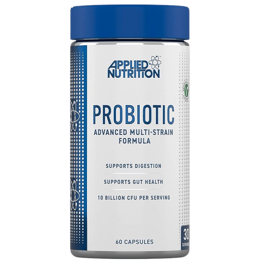 Applied Nutrition Probiotic advanced multi-strain formula, 60 capsules, supports digestion and gut health, 10 billion CFU per serving, white and blue bottle.