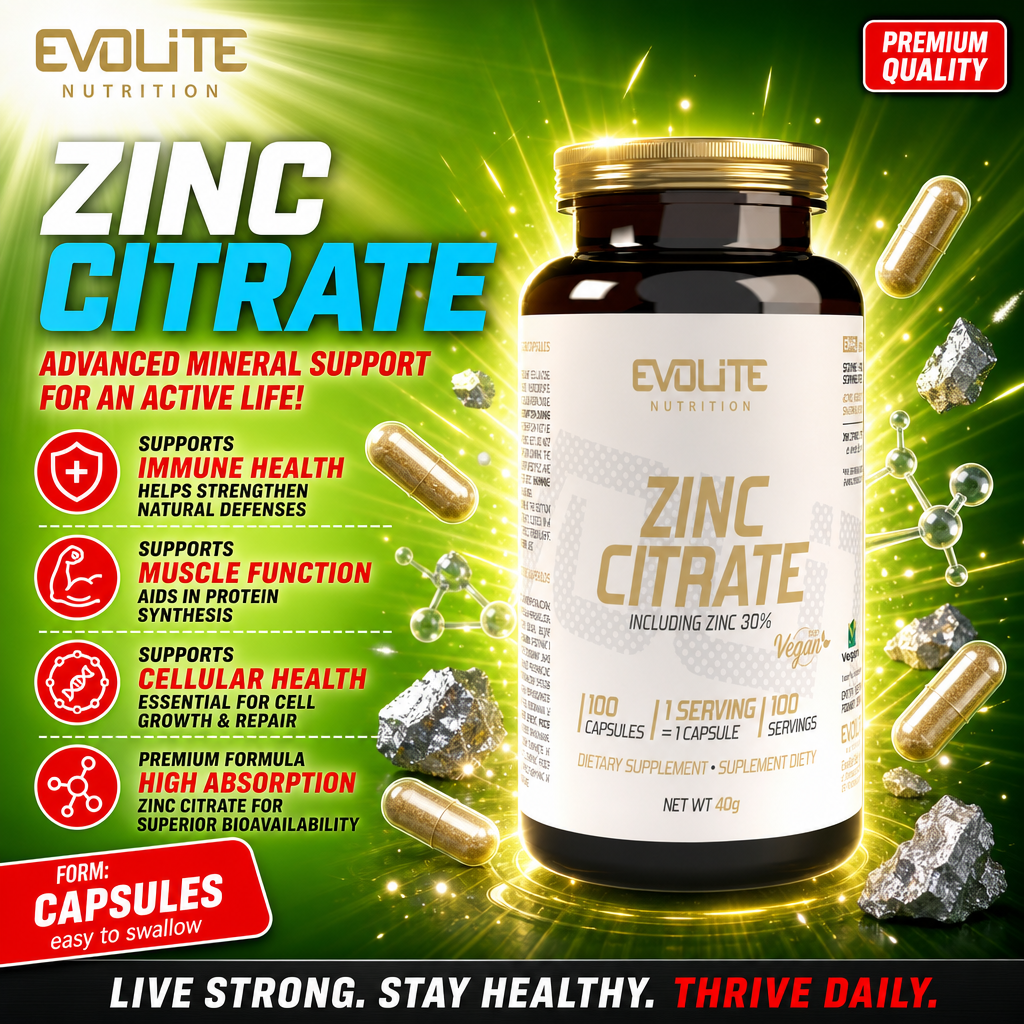 Evolite Zinc Citrate vegan dietary supplement, 100 capsules, high absorption zinc formula for immune, muscle, and cellular health, shown in a dark bottle with gold cap and green background.