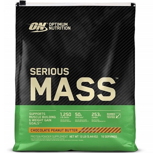 Optimum Nutrition Serious Mass 5.44kg chocolate peanut butter flavour high-calorie protein powder supplement for muscle building and weight gain.
