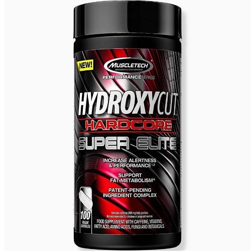 MuscleTech Hydroxycut Hardcore Super Elite 100 capsules, a fat metabolism and alertness support supplement with caffeine, vitamins, fatty acids, amino acids, and botanicals, in a black bottle.