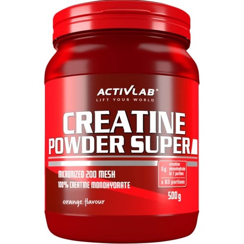 ActivLab Creatine Powder Super 500g orange flavour micronized creatine monohydrate supplement in a red container.
