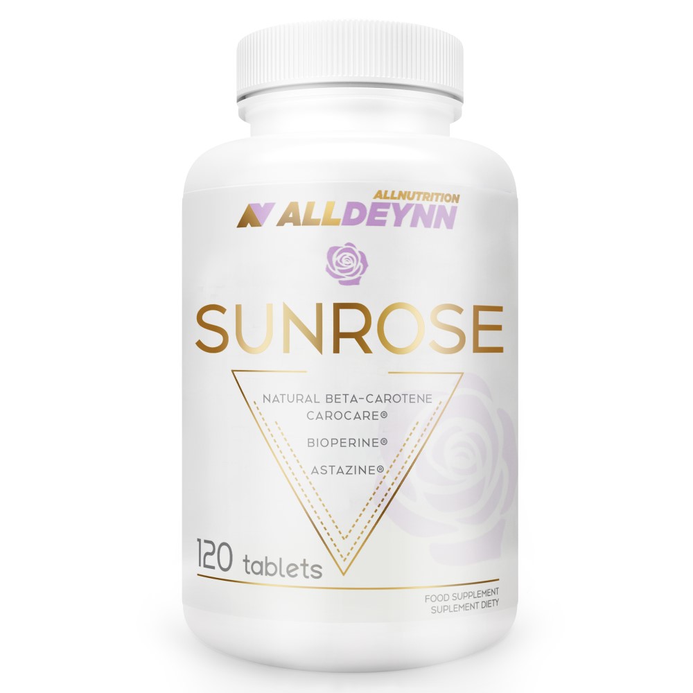 ALLDEYNN Sunrose 120 tablets food supplement with natural beta-carotene, Carocare, BioPerine, and Astazine, in a white bottle with gold and purple accents.