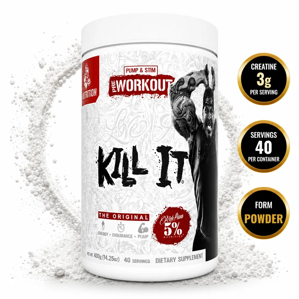 5% Nutrition Kill It pre-workout powder supplement in a 400g tub with 40 servings and creatine, shown in white packaging