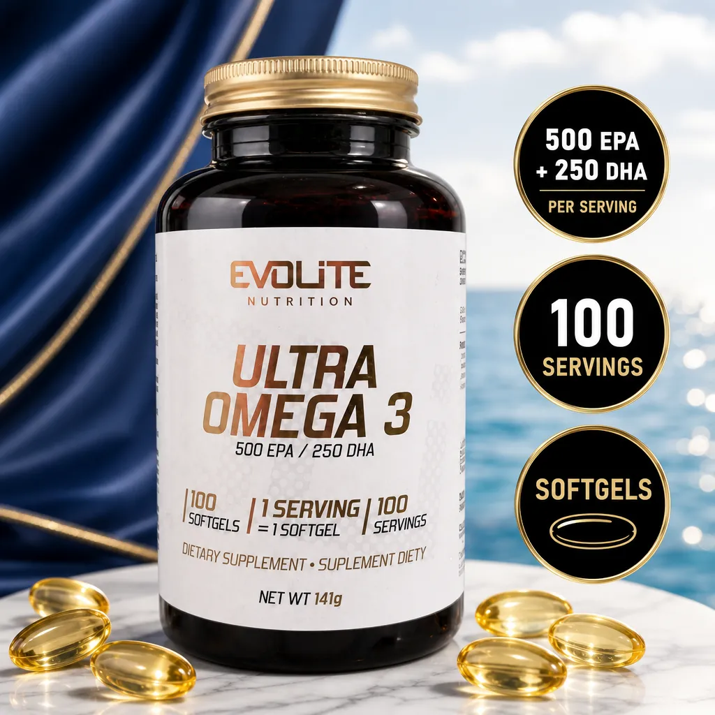 Evolite Nutrition Ultra Omega 3 fish oil supplement with 500 EPA and 250 DHA per serving, 100 softgels