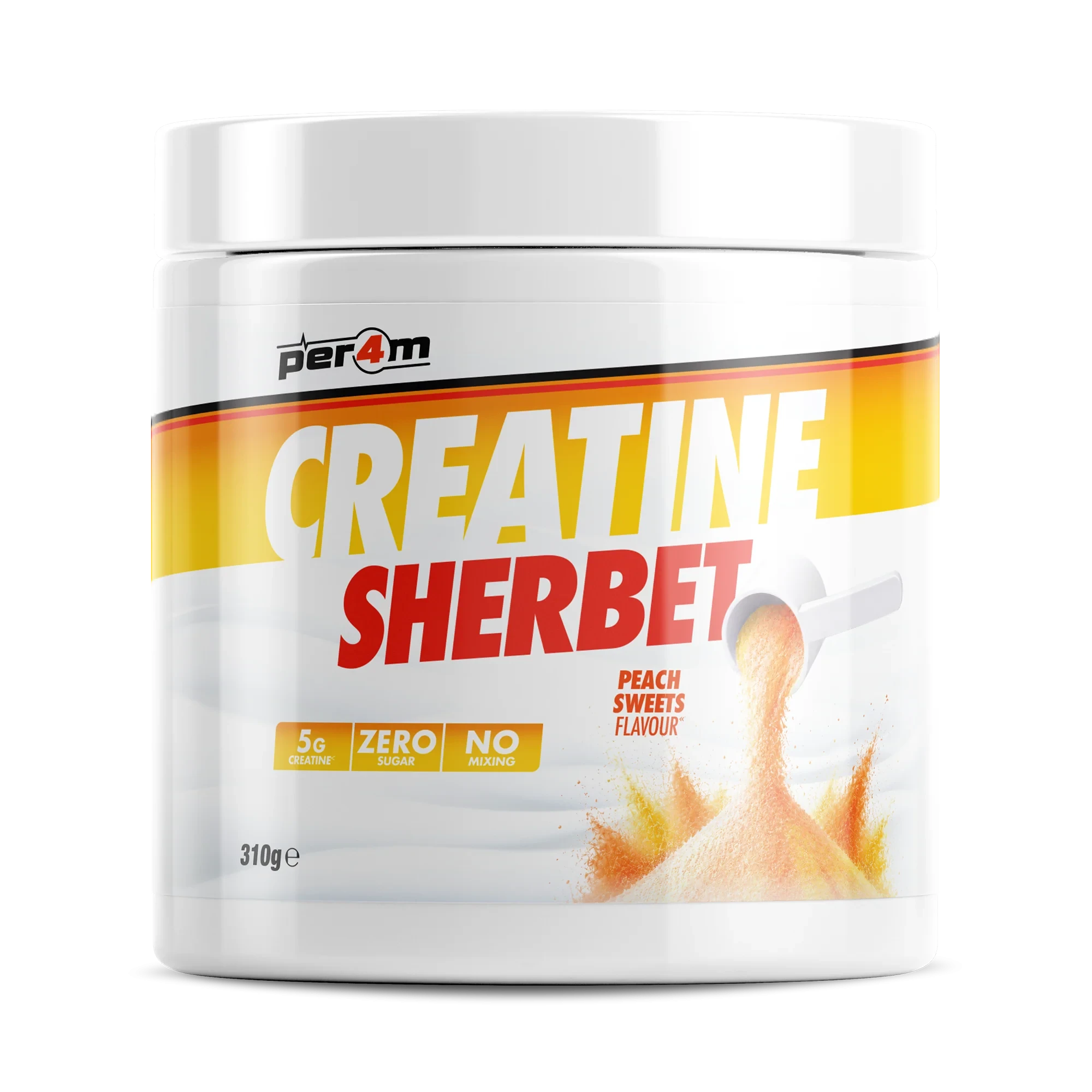 Per4m Creatine Sherbet 310g, peach sweets flavour creatine powder with 5g creatine, zero sugar and no mixing required.