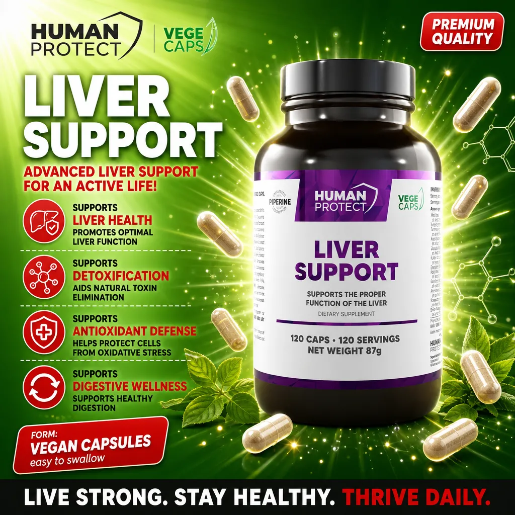 Human Protect Liver Support 120 Caps vegan dietary supplement for liver health, detoxification, antioxidant defense, and digestive wellness, in a black bottle with a green and purple label.