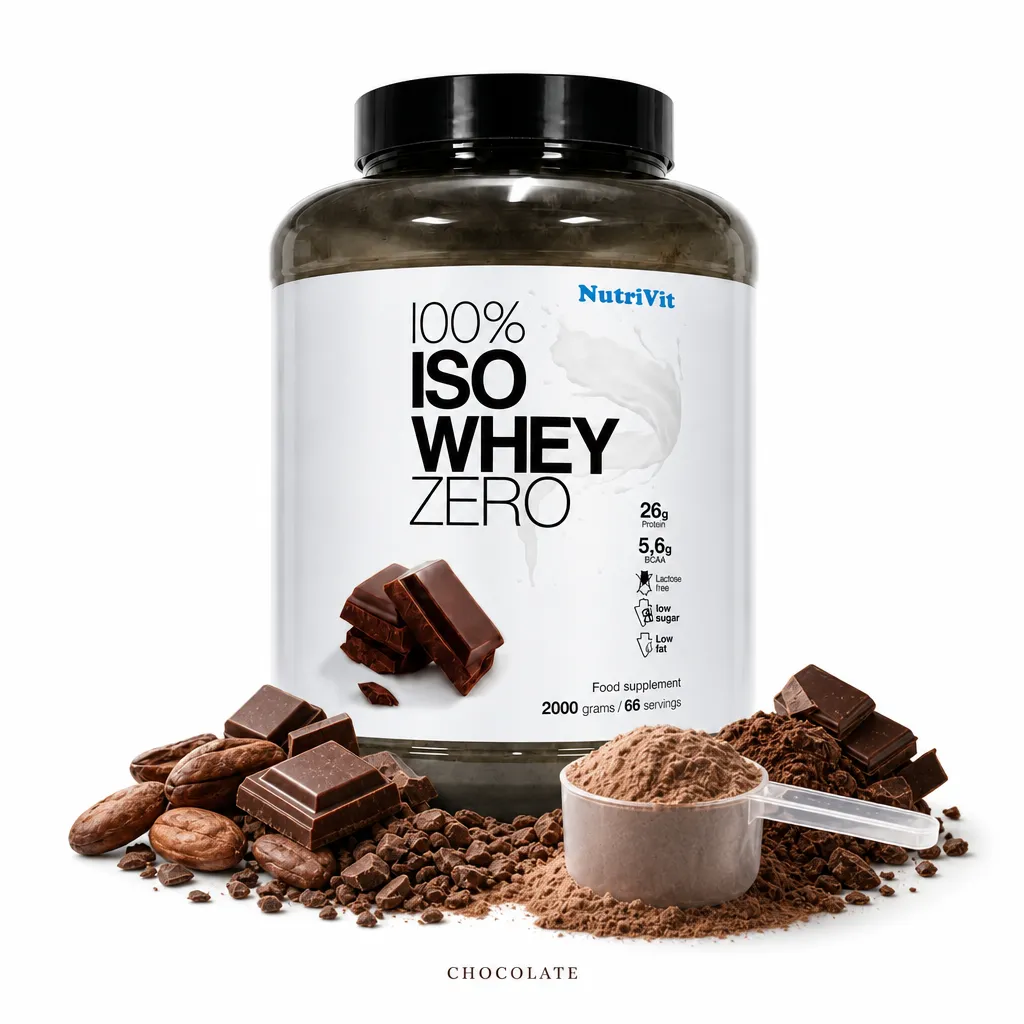 NutriVit 100% Iso Whey Zero 2000g chocolate flavour whey protein isolate, featuring high protein content, low fat, low sugar, and BCAAs, with visible chocolate pieces and powder.