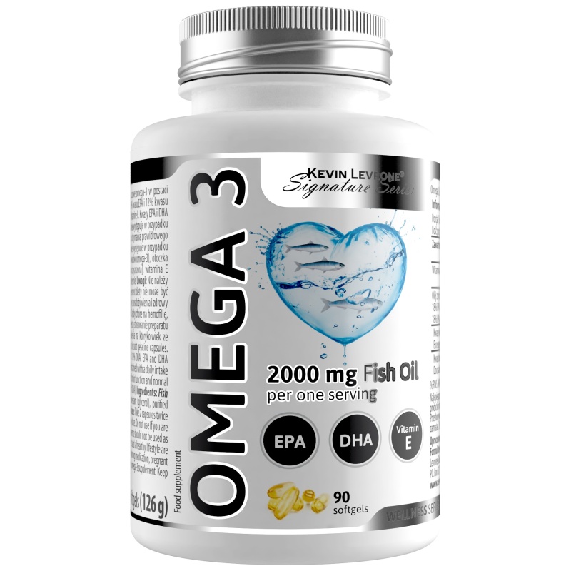 Kevin Levrone Omega 3 fish oil supplement, 90 softgels, with EPA, DHA, and Vitamin E, part of the Wellness Series, in a white bottle with blue and silver accents.