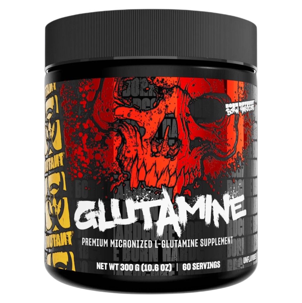 Mutant Glutamine 300g container, black with red and yellow accents, labeled as micronized L-glutamine powder