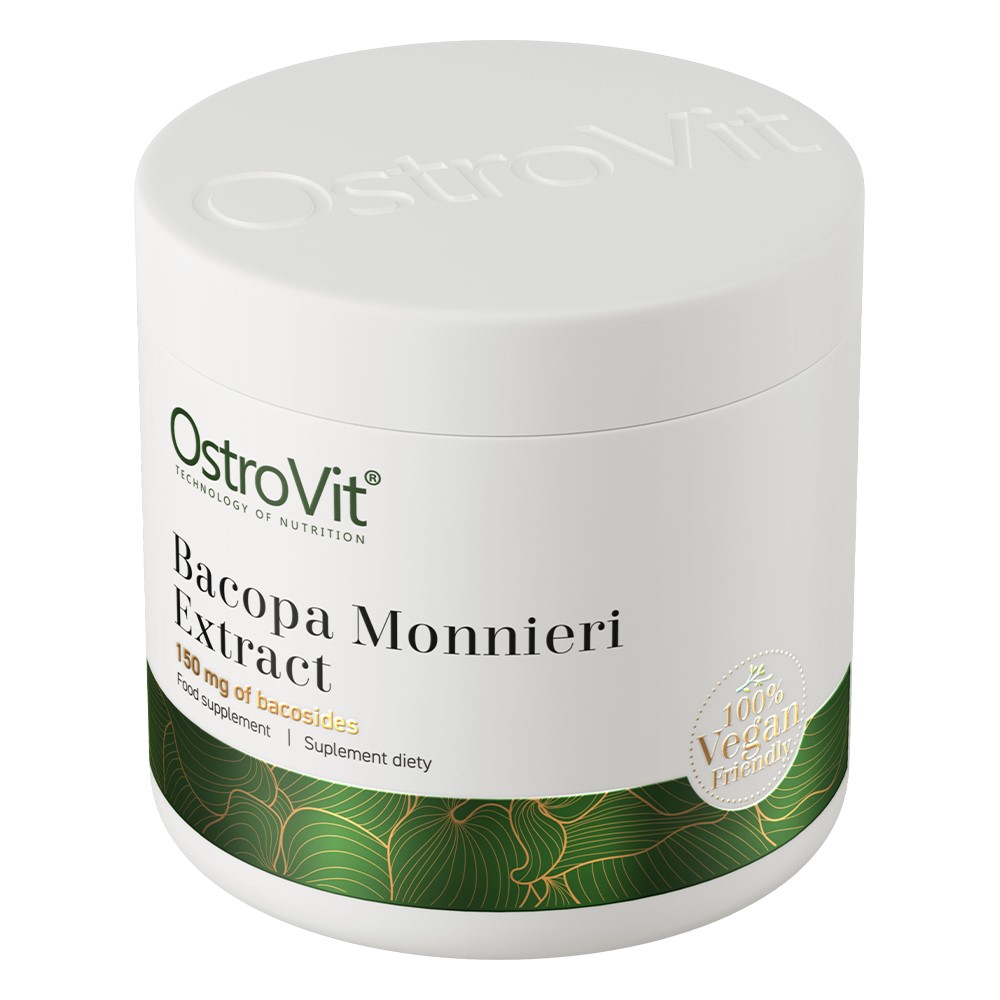 OstroVit Bacopa Monnieri Extract VEGE 50g container, white packaging with green accents, dietary supplement powder