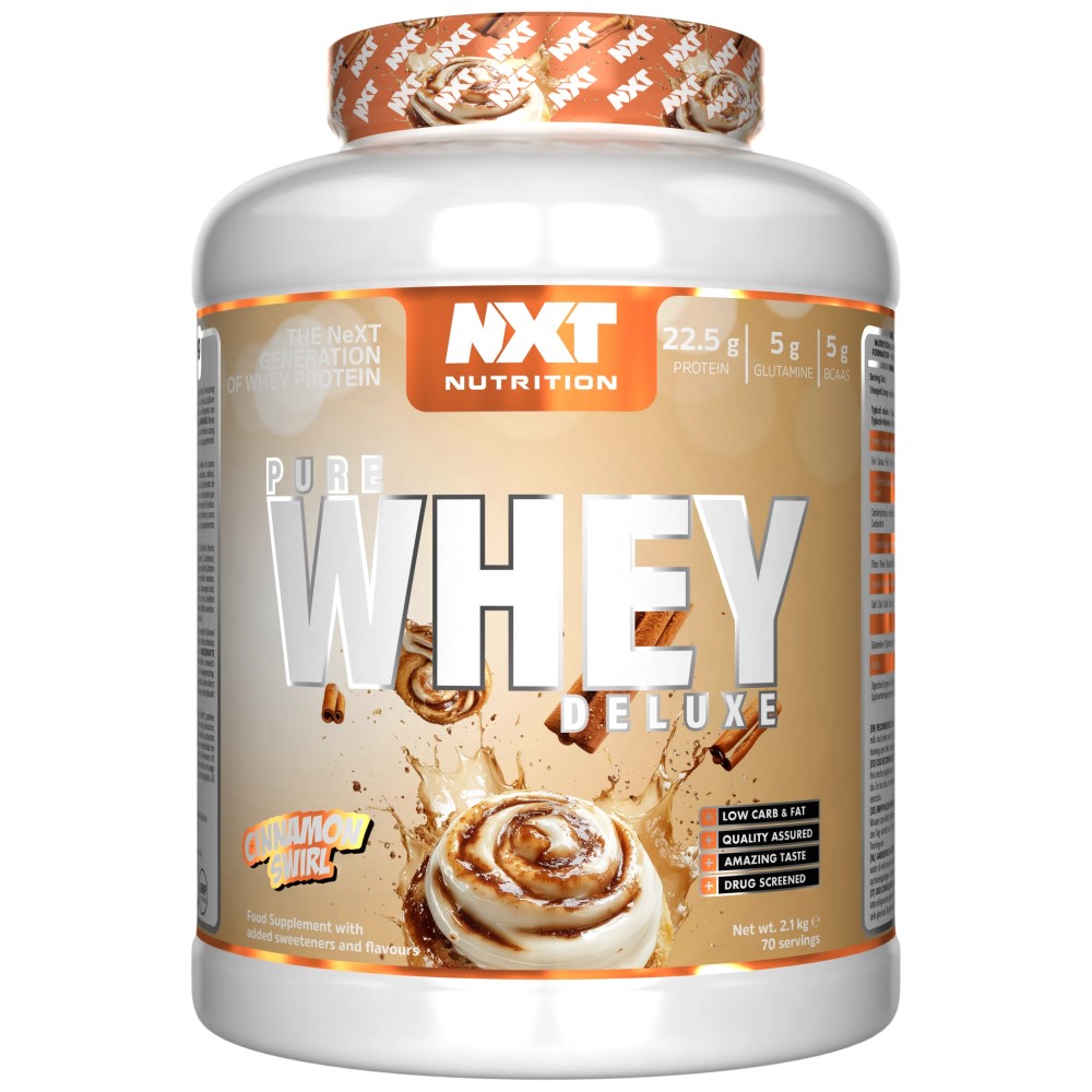 NXT Nutrition Pure Whey Deluxe cinnamon swirl flavour whey protein supplement, 2.1kg tub, high protein content with added glutamine and BCAAs.