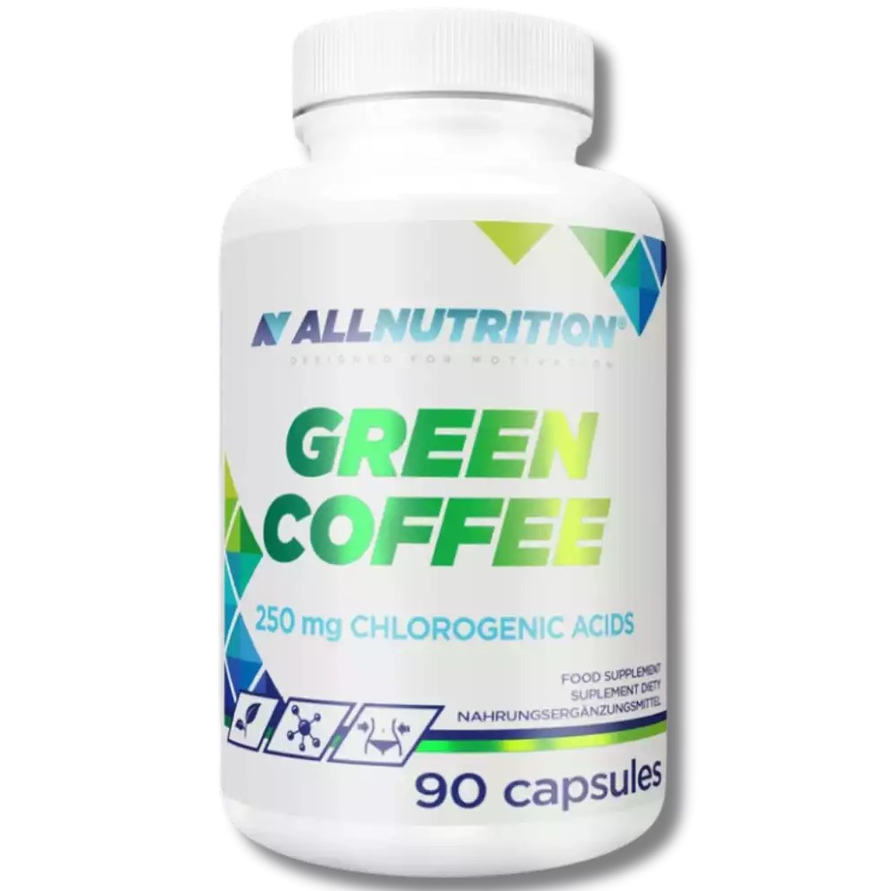 Allnutrition Green Coffee 90 capsules dietary supplement with 250 mg chlorogenic acids, white bottle with green and blue accents.