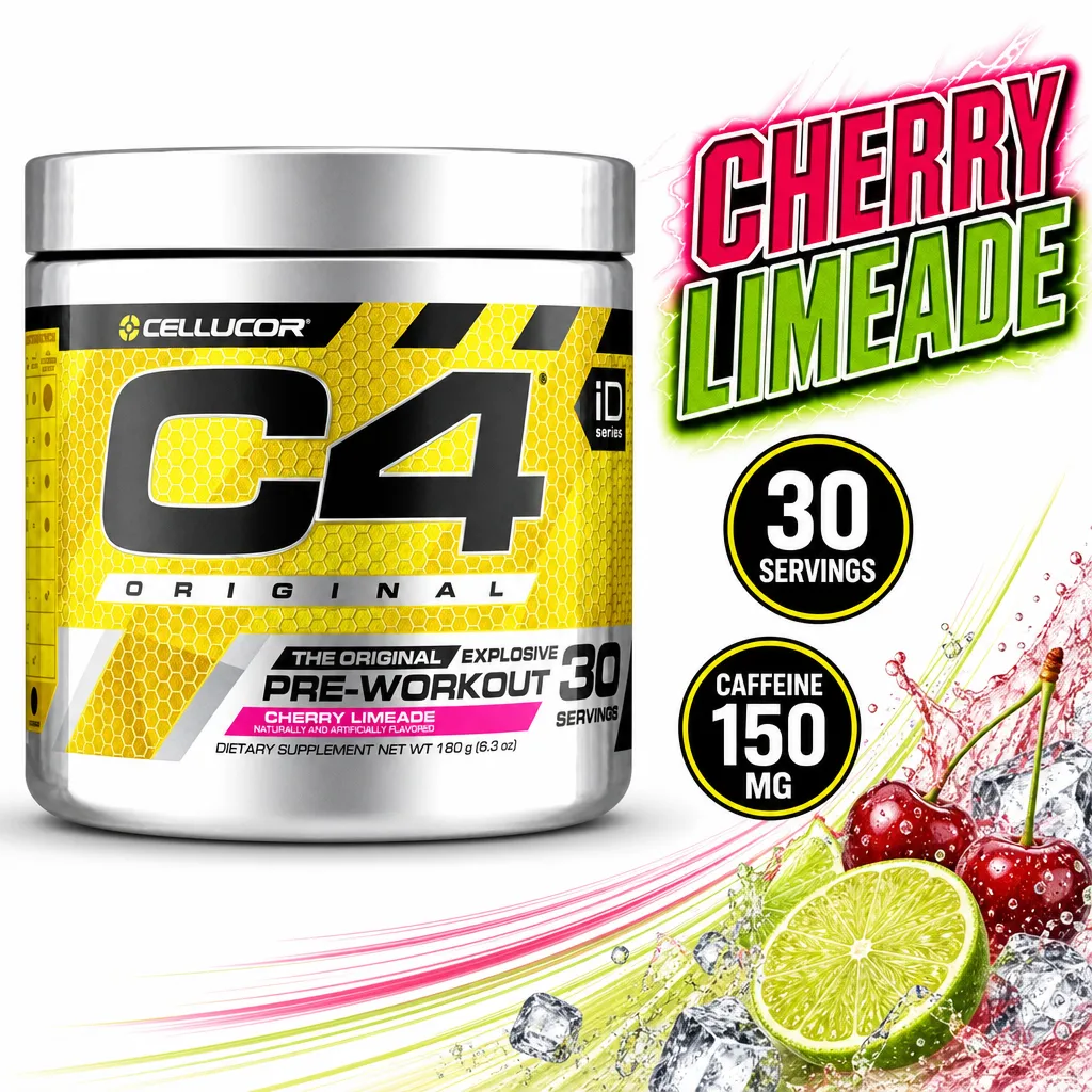 Cellucor C4 Original Pre-Workout cherry limeade powder, 30 servings, in a silver and yellow tub with 150 mg caffeine per serving.