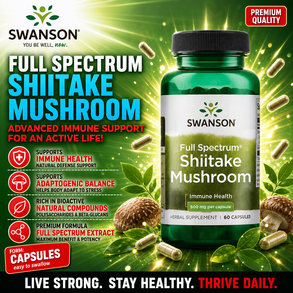 Swanson Full Spectrum Shiitake Mushroom 500mg 60 capsules herbal supplement for immune health, shown in a green bottle with capsule form and shiitake mushrooms on the label.