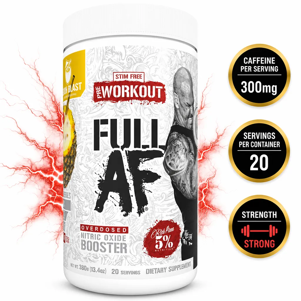 5% Nutrition Full AF Legendary Series pre-workout supplement, 20 servings in a white tub with red and black label