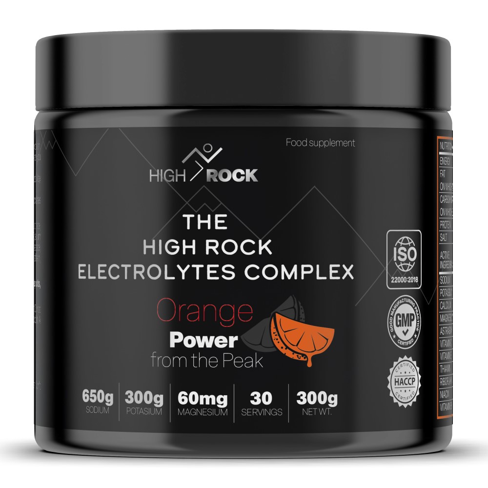 High Rock Electrolytes Complex Orange Power is an electrolyte supplement with 30 servings, featuring sodium, potassium, and magnesium, in a black container with orange accents.