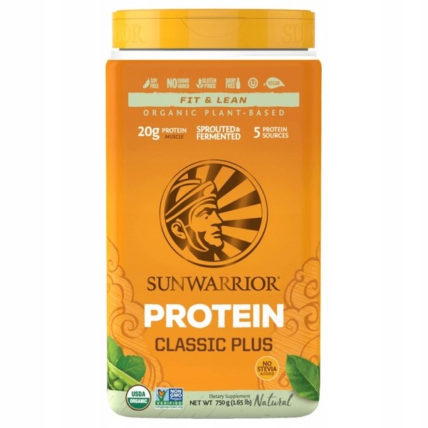 Sunwarrior Protein Classic Plus 750g natural organic plant-based protein powder with 20g protein per serving, sprouted and fermented, no stevia added, in an orange container.