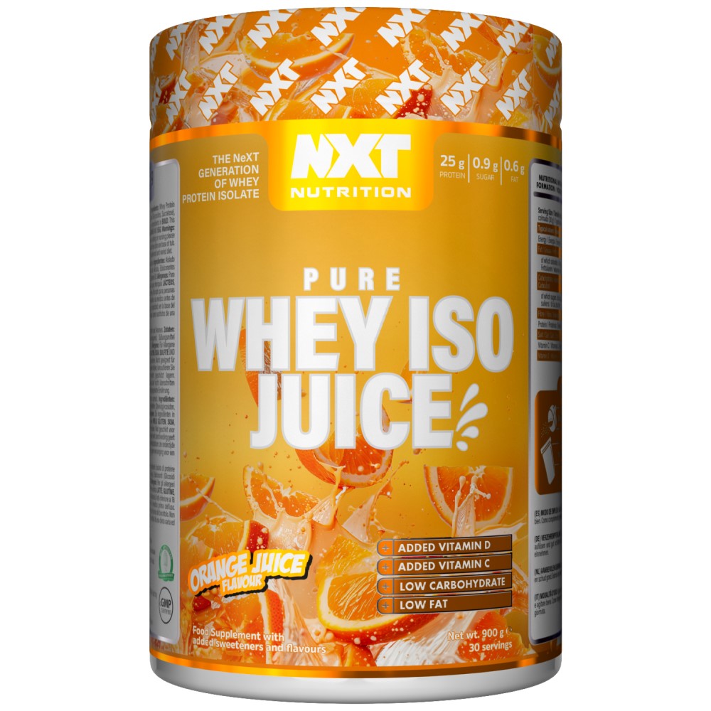 NXT Nutrition Pure Whey ISO Juice 900g orange juice flavour whey protein isolate supplement with added vitamin D and C, low carbohydrate and low fat.