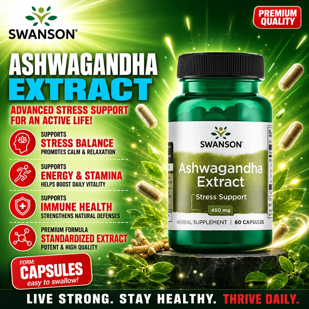 Swanson Ashwagandha Extract 450mg 60 capsules herbal supplement for stress support, featuring a green bottle and promoting stress balance, energy, stamina, and immune health.