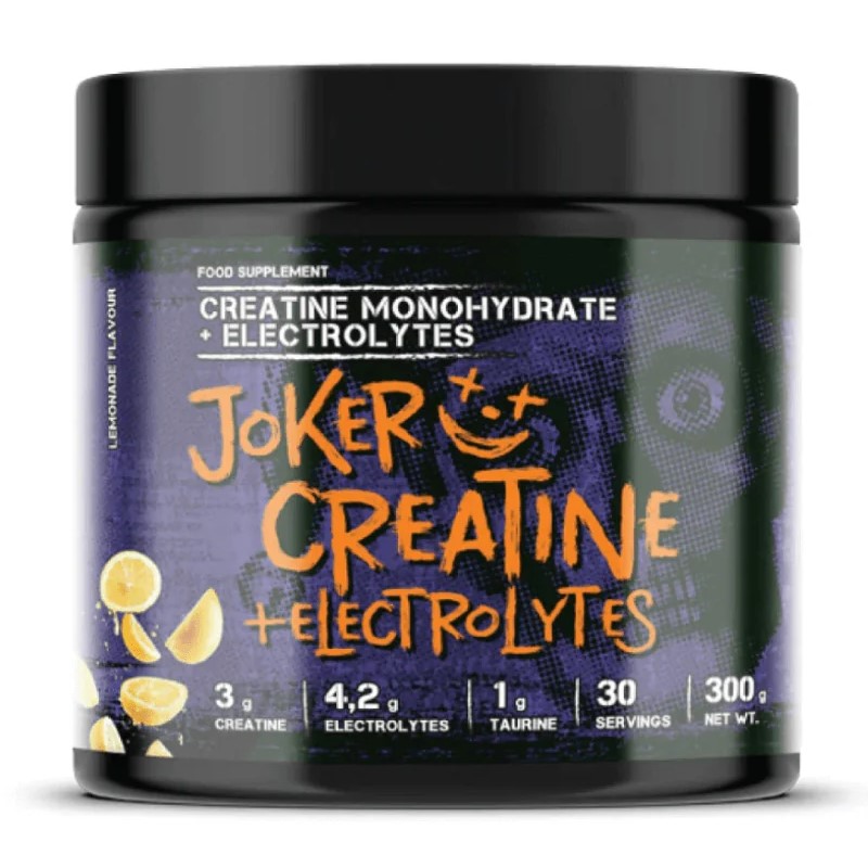 Joker Creatine + Electrolytes 300g lemonade flavour creatine monohydrate supplement with electrolytes and taurine, purple and black tub with orange text.