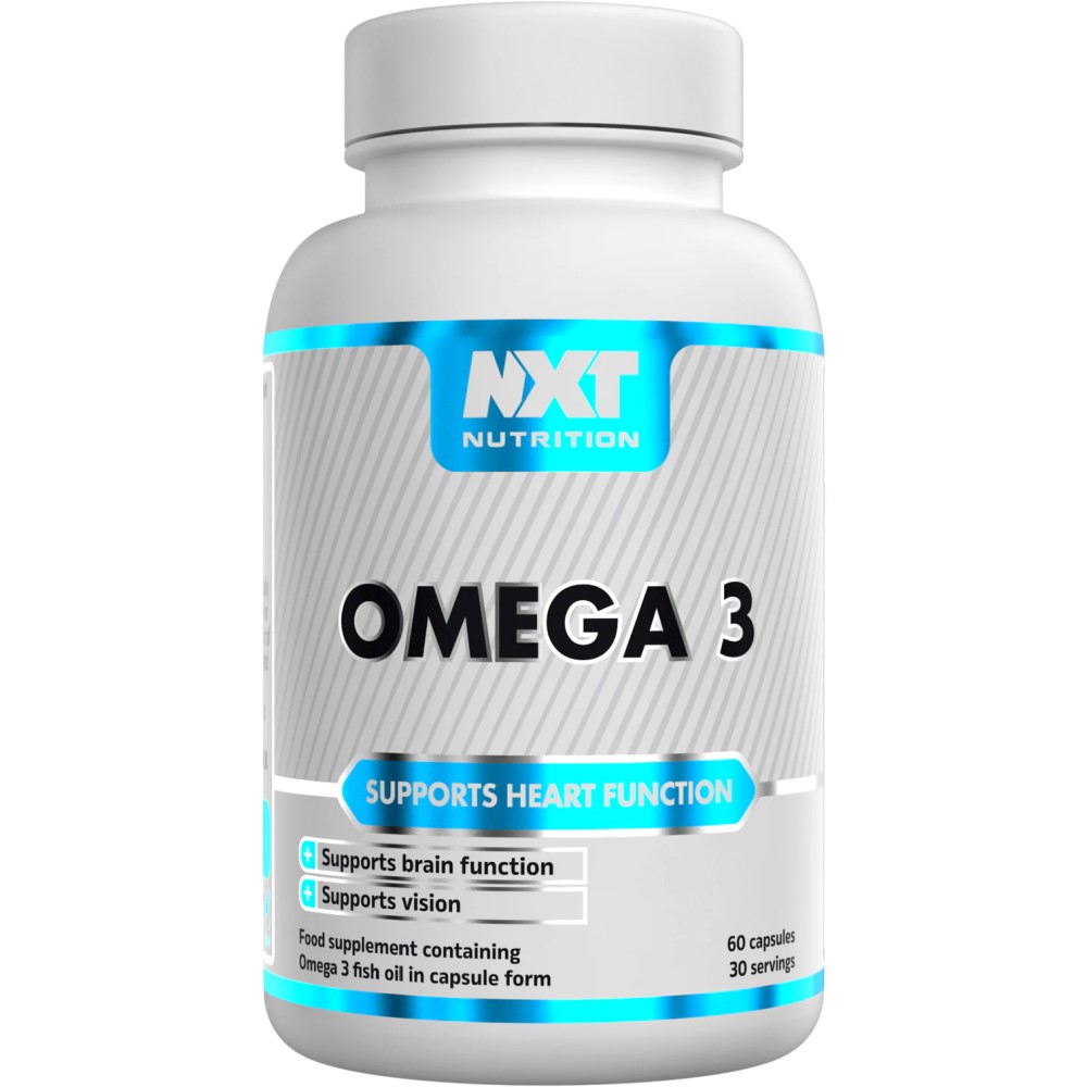 NXT Nutrition Omega 3 60 Caps bottle with blue and white label, containing 60 fish oil capsules