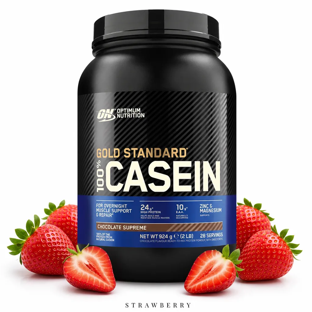 Optimum Nutrition Gold Standard 100% Casein 910g protein powder, Chocolate Supreme flavour, in a black tub with gold and blue label, surrounded by fresh strawberries.