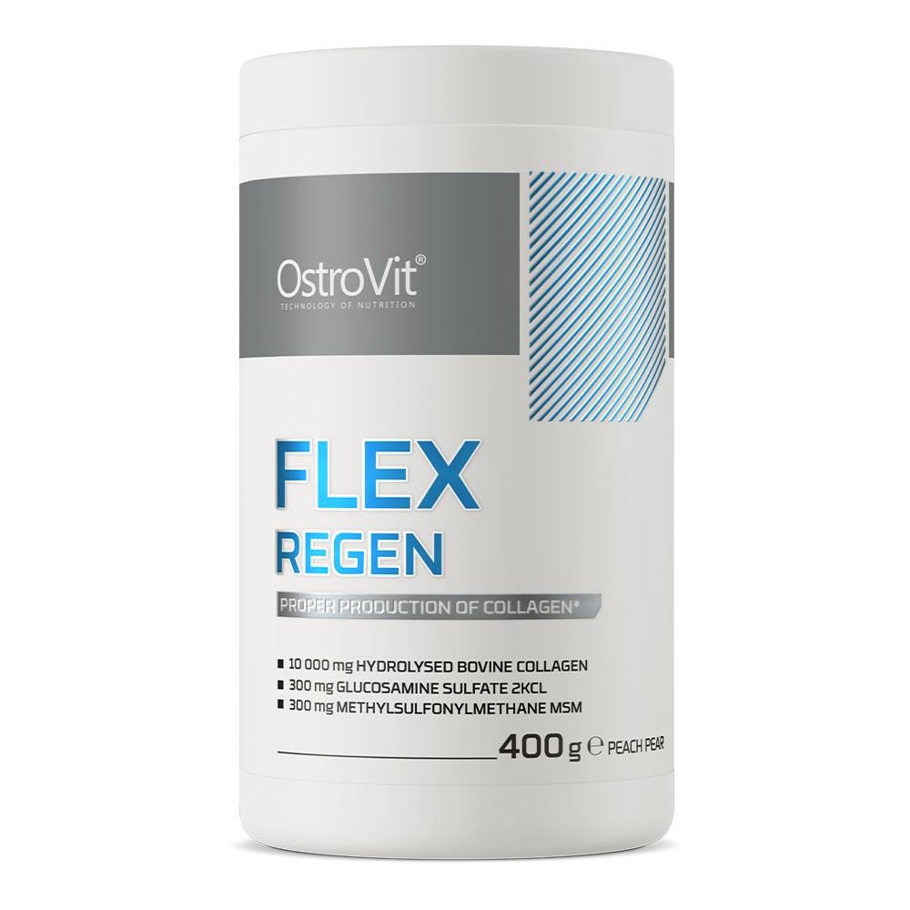 OstroVit Flex Regen 400g Joint Support Powder in a branded OstroVit Nutrition container, likely with a scoop and powder visible