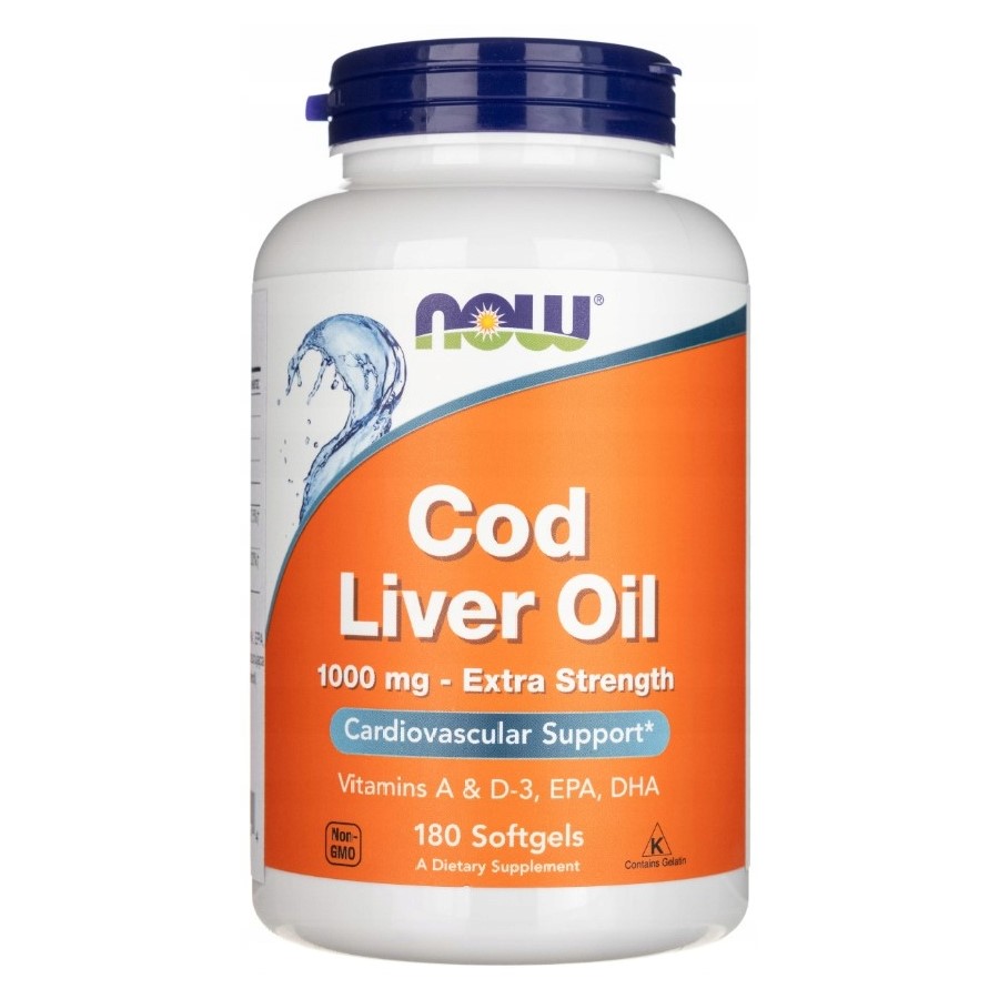 NOW Foods Cod Liver Oil 1000mg Extra Strength 180 Softgels bottle with label, likely showing supplement facts and branding