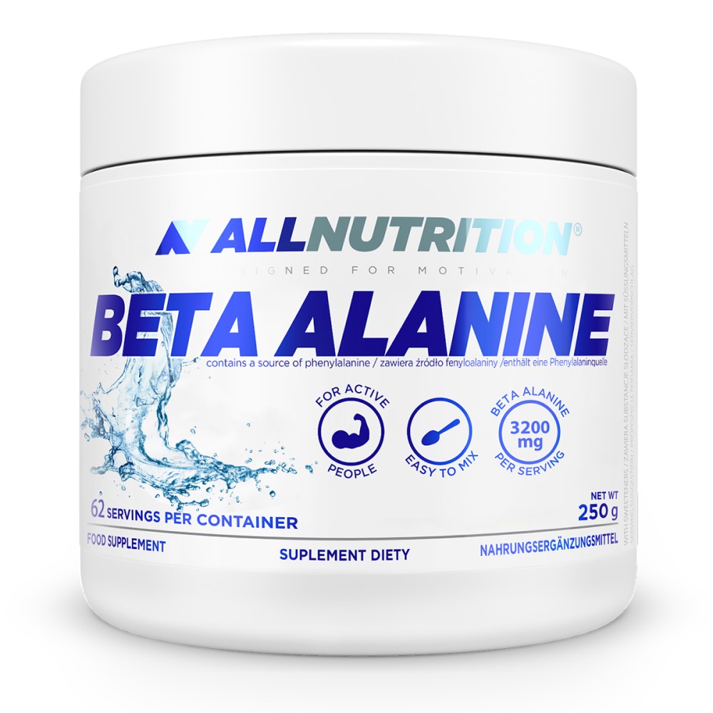 Allnutrition Beta Alanine 250g unflavoured endurance supplement, 3200mg per serving, designed for active people, easy to mix, white and blue packaging.