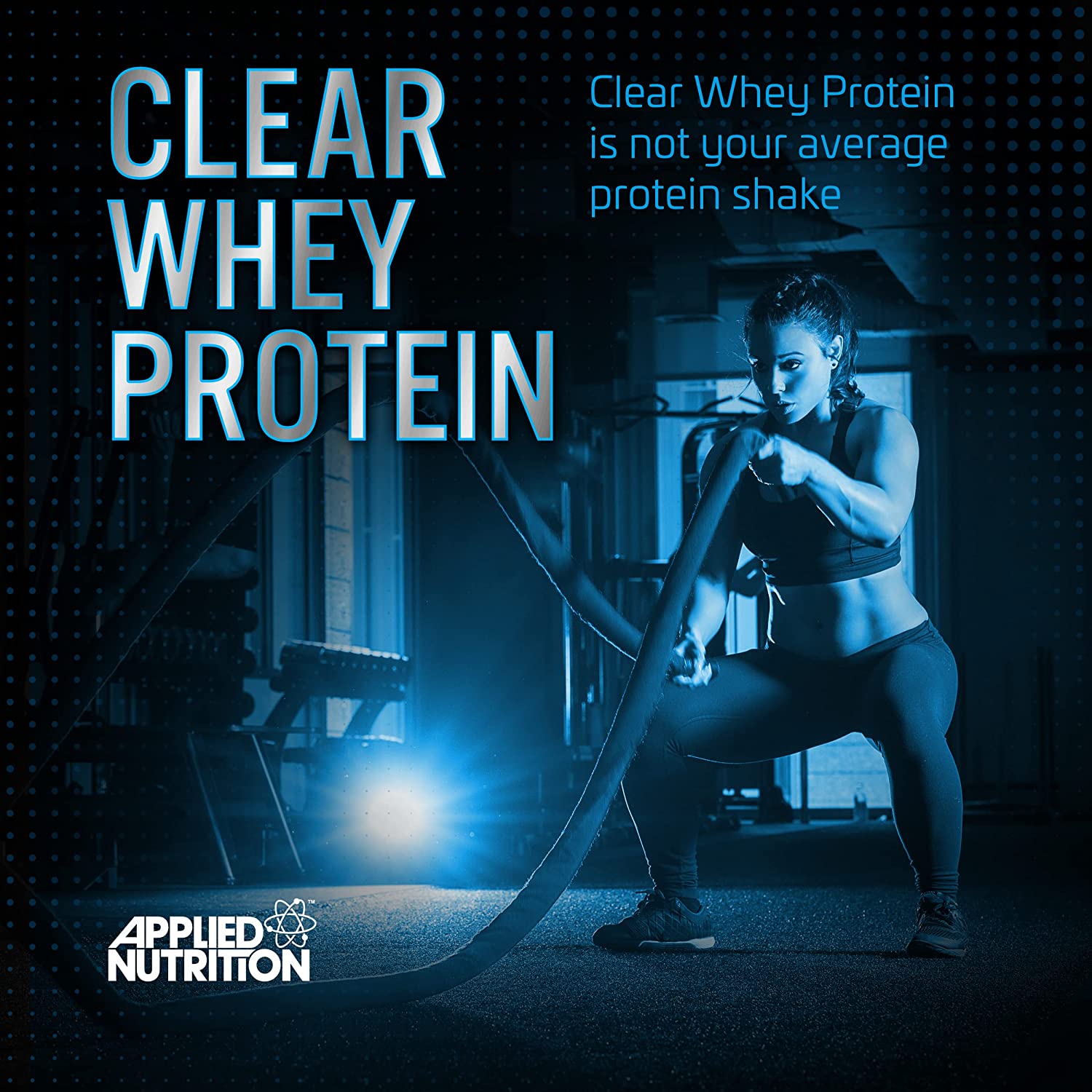 Applied Nutrition Clear Whey Protein, a protein supplement featured in a gym setting with a woman exercising, blue-themed promotional image.
