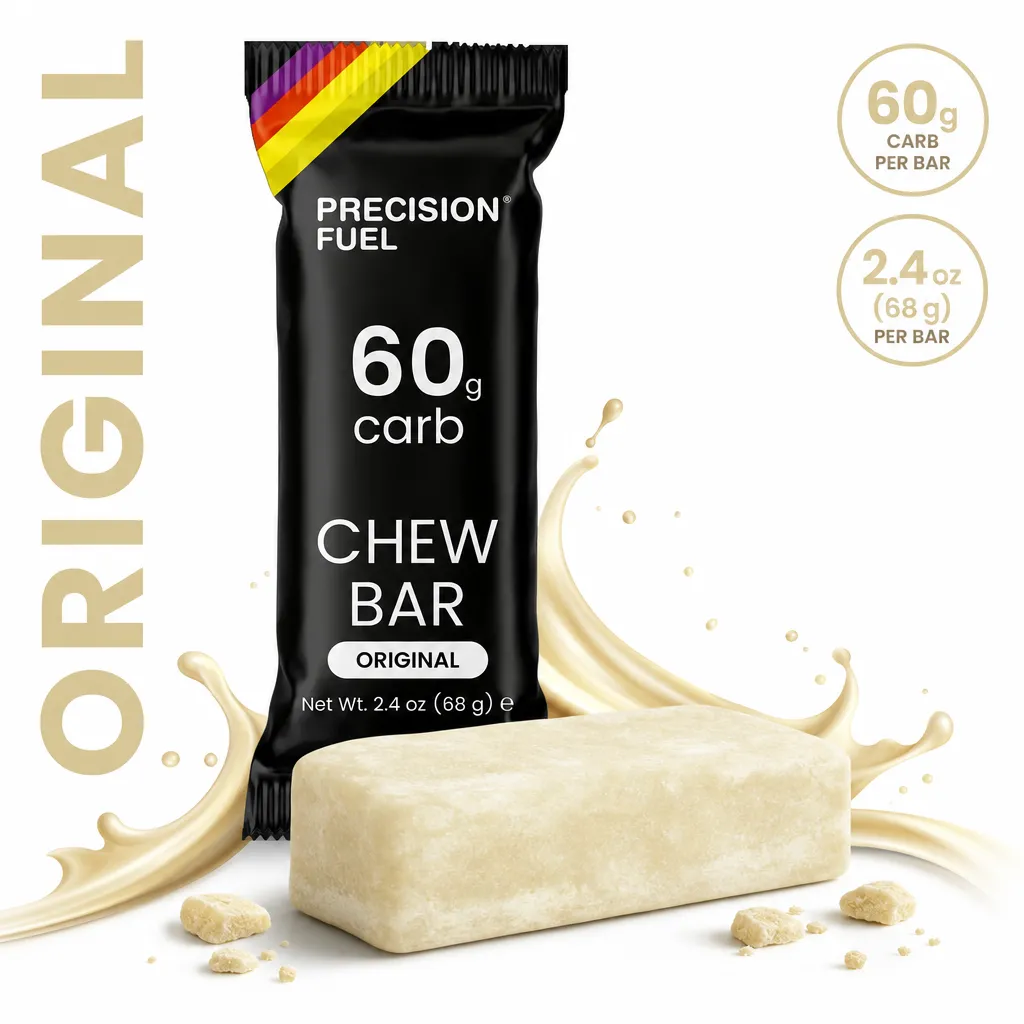Precision Fuel Chew Bar 68g x4, an Original-flavour energy chew bar with 60g of carbohydrate per bar in black packaging.