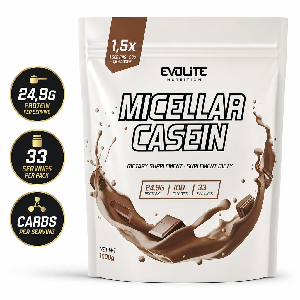 Evolite Micellar Casein 1000g chocolate-flavoured slow-release protein powder with 24.9g protein per serving