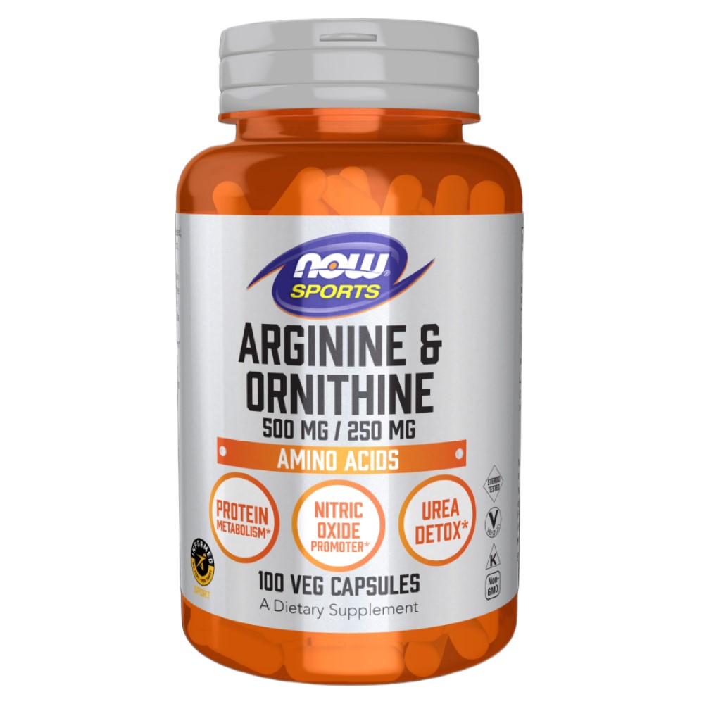 NOW Foods Arginine & Ornithine 100 Vege Caps bottle with green and orange label, 100 vegetarian capsules