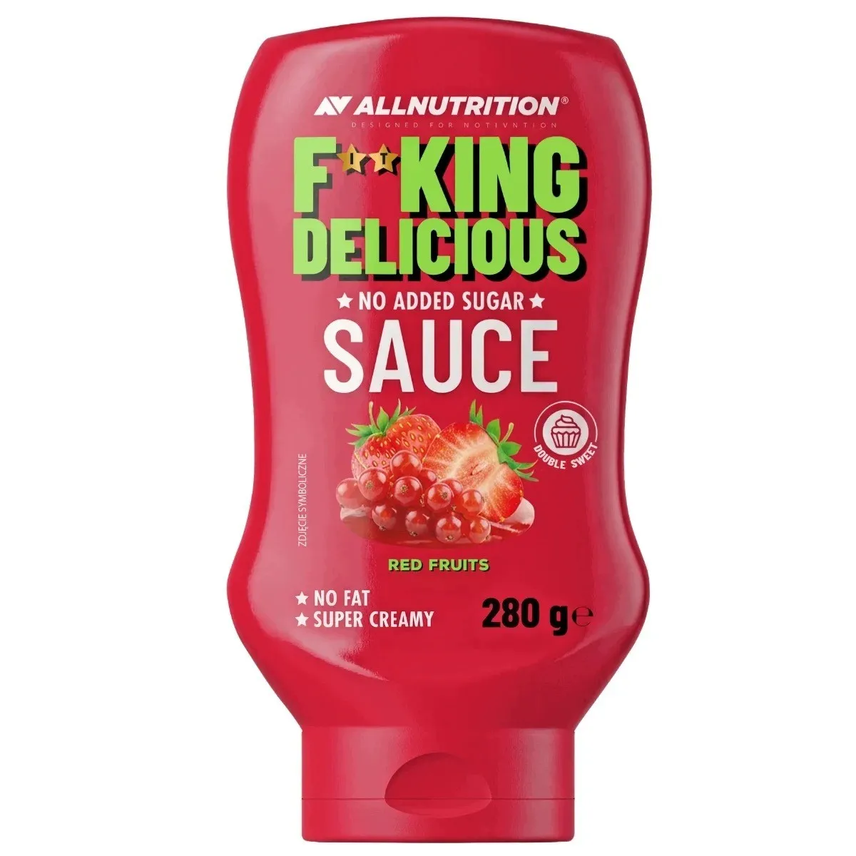 Allnutrition Fitking Delicious Sauce, 280 g red fruits sauce with strawberry and redcurrant, in a red squeeze bottle with no added sugar.