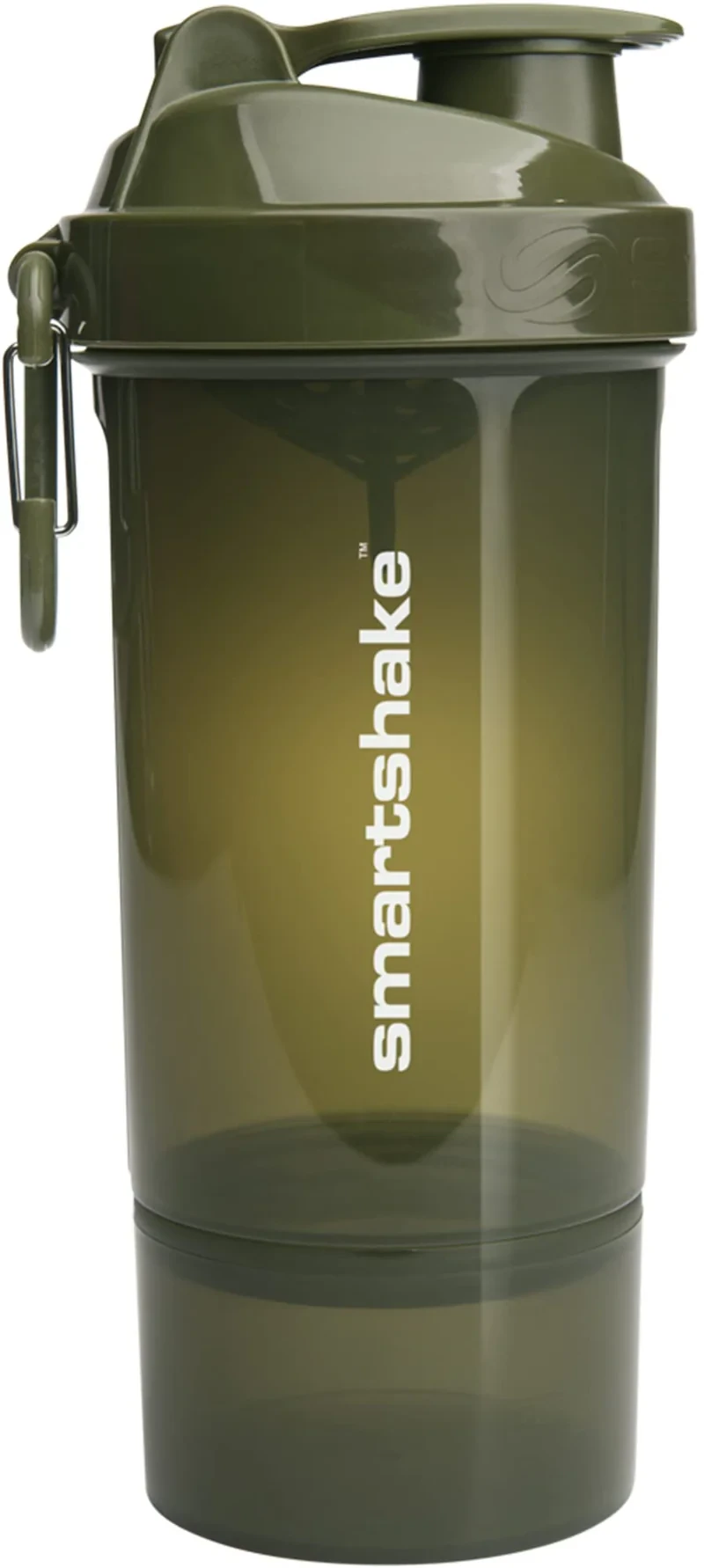 SmartShake Original2Go ONE 800ml Army Green shaker bottle with integrated 150ml storage compartment, leak-proof lid, and durable BPA-free construction.