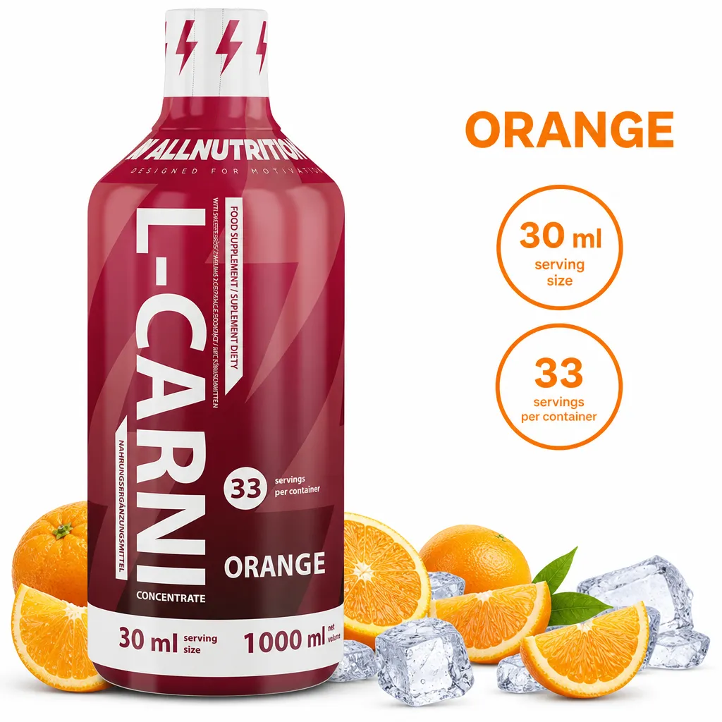Allnutrition L-Carni Concentrate orange-flavoured liquid L-carnitine supplement, 1000 ml bottle with 30 ml serving size
