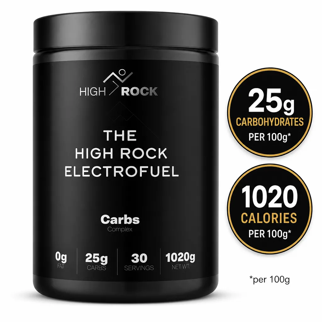 High Rock Electrofuel 30 Servings is an intra-workout carbohydrate and electrolyte powder supplement in a black tub.