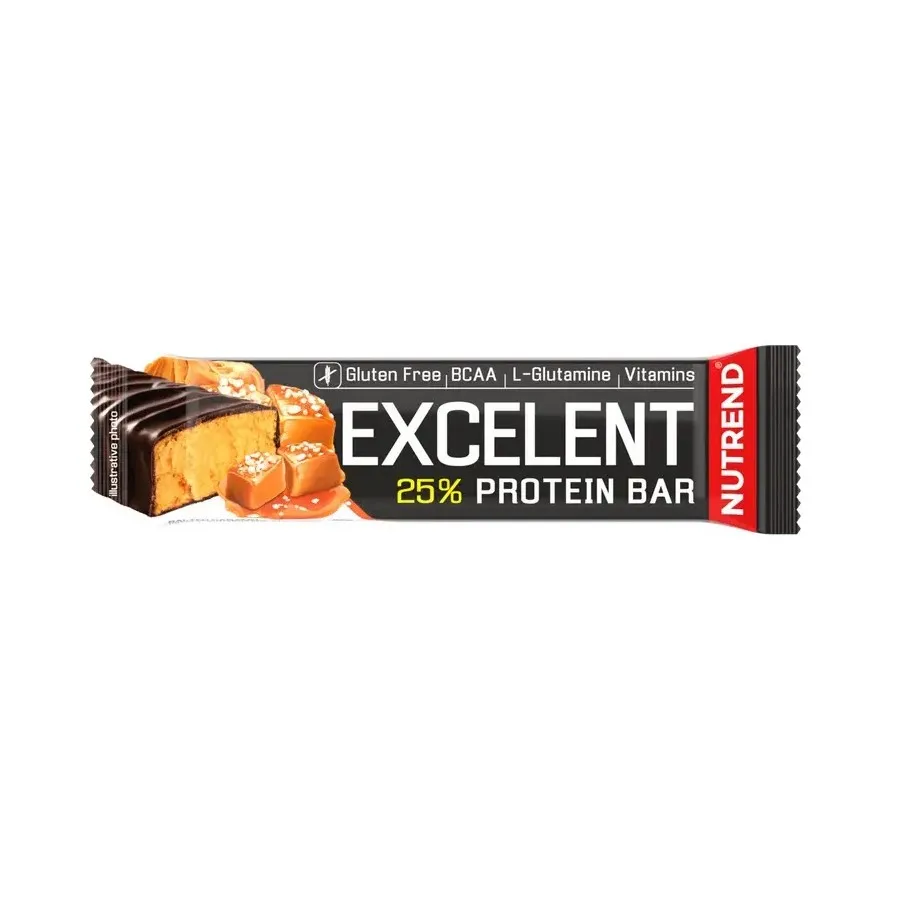 Nutrend Excelent 25% Protein Bar salted caramel flavour, high-protein snack bar with chocolate coating, gluten free, BCAA, L-glutamine, and vitamins, in a black and red wrapper.