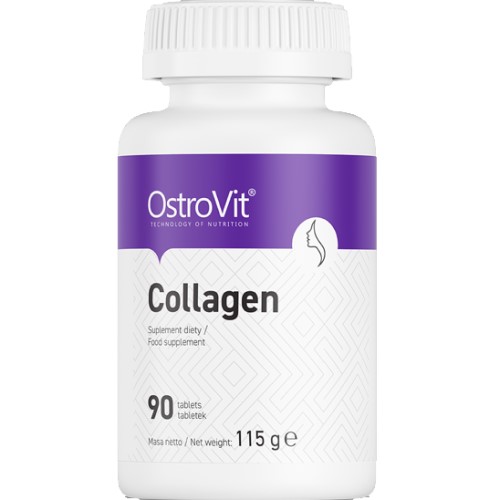 OstroVit Collagen 90 tablets food supplement, 115g bottle, white and purple packaging, dietary supplement for skin and joints.