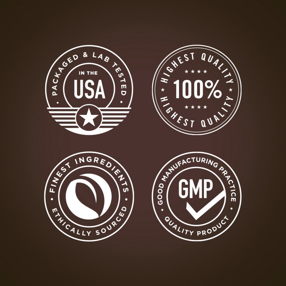 Set of four quality assurance seals including 'Packaged & Lab Tested in the USA', '100% Highest Quality', 'Finest Ingredients Ethically Sourced', and 'GMP Good Manufacturing Practice Quality Product' on a brown background.