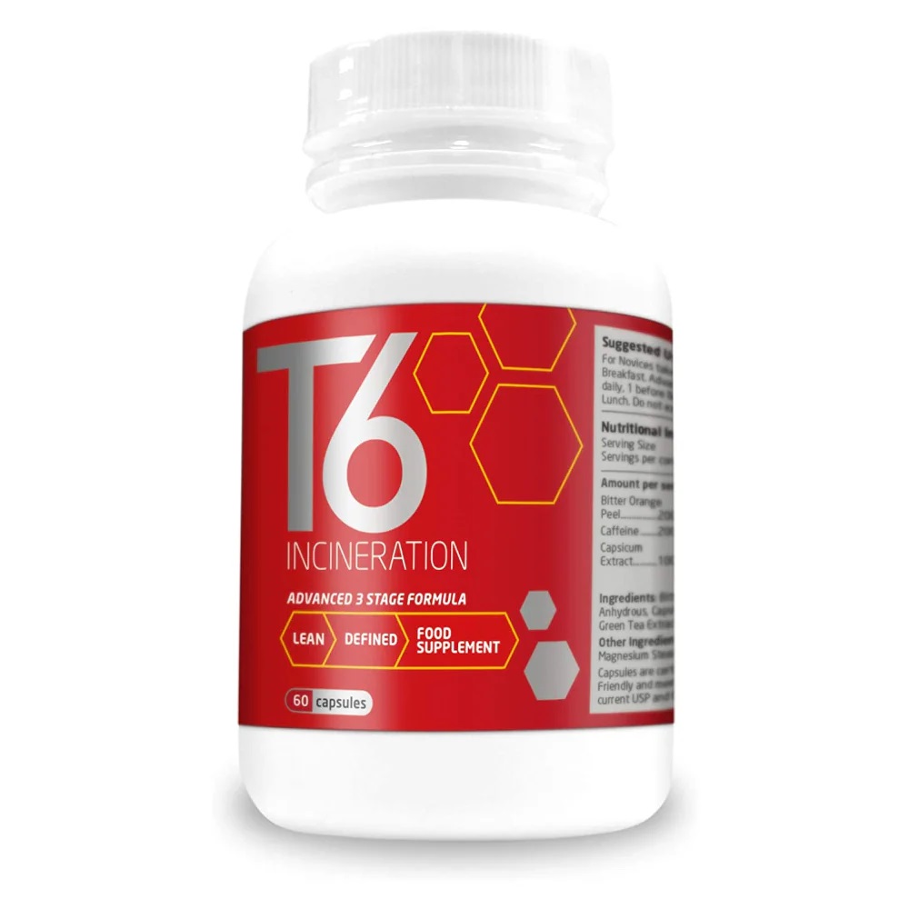 Close-up of Weight Management System T6 Fat Burner capsules, small and likely white or clear in color.