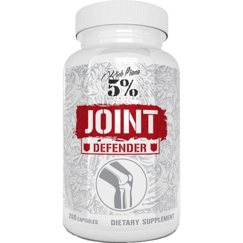 5% Nutrition Joint Defender dietary supplement for joint health, 200 capsules, white bottle with red and black label, knee joint illustration on front.