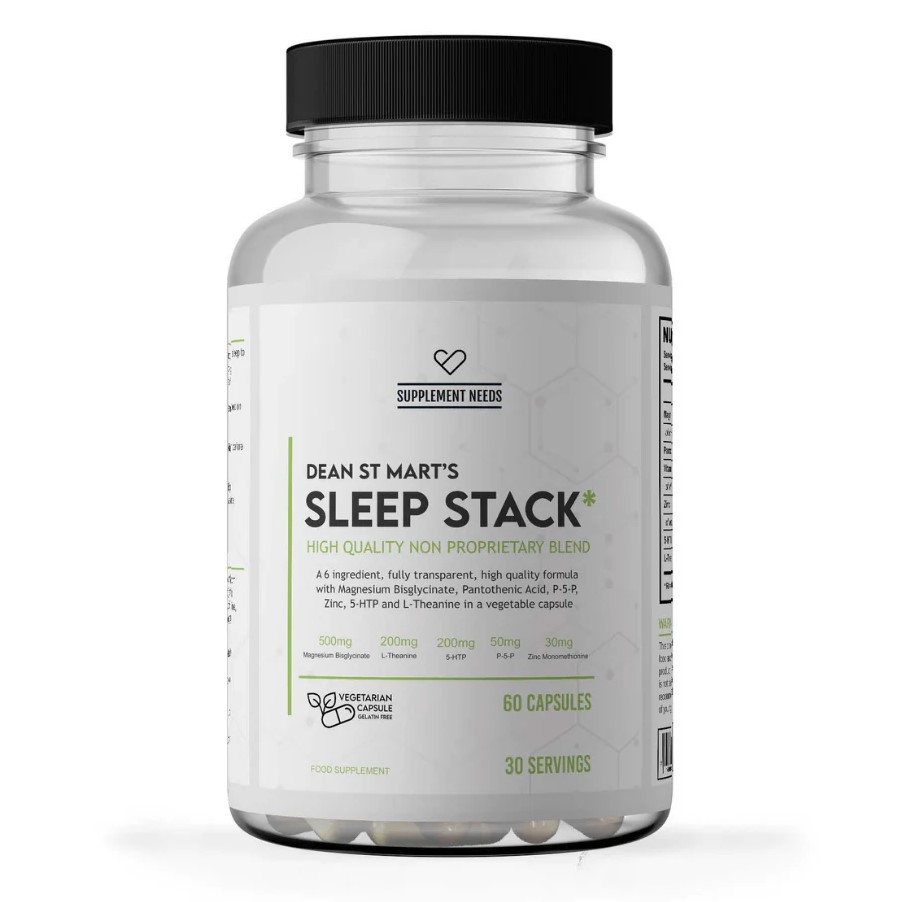 Supplement Needs Sleep Stack is a high quality non proprietary blend sleep supplement with 60 vegetarian capsules per bottle, containing magnesium bisglycinate, L-theanine, 5-HTP, P-5-P, and zinc.