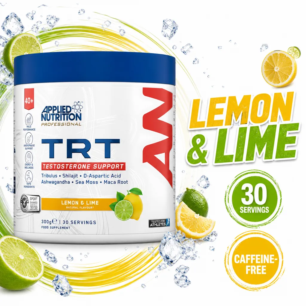 Applied Nutrition TRT Testosterone Support lemon and lime powder supplement, 300g with 30 servings and caffeine-free formula