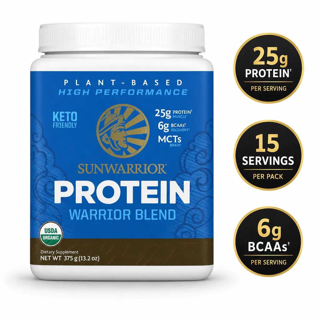 Sunwarrior Protein Warrior Blend Organic 375g plant-based protein powder in a blue tub with 25g protein per serving