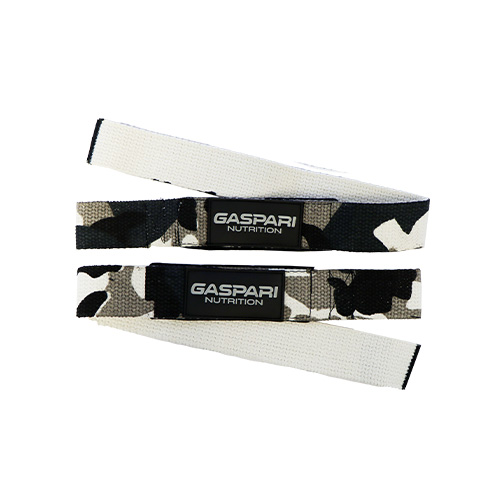 Gaspari Nutrition Lifting Straps camo pattern, cotton weightlifting accessories, 2 pieces, black and white camouflage design.