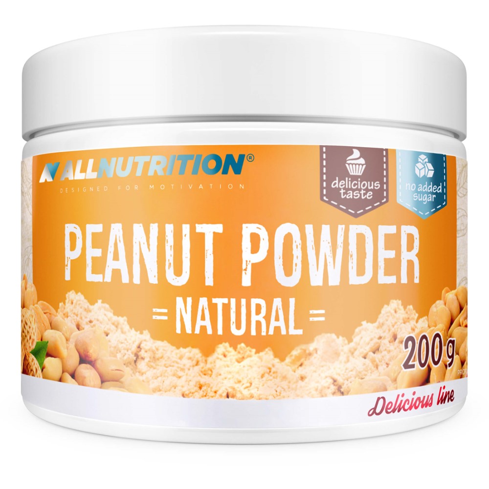 Allnutrition Peanut Powder Natural 200g, a powdered peanut product with no added sugar and a natural flavor, in an orange and white container.