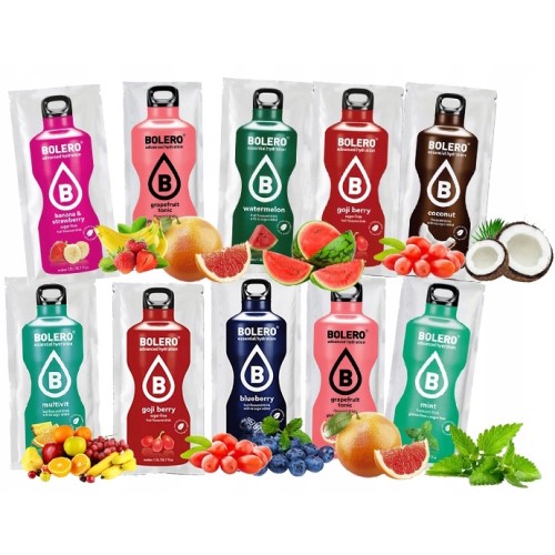 Bolero Hydration Powder Drink assorted flavours 3g x12, a sugar-free instant drink mix available in various fruit flavours such as watermelon, blueberry, coconut, and grapefruit, displayed in sachets.