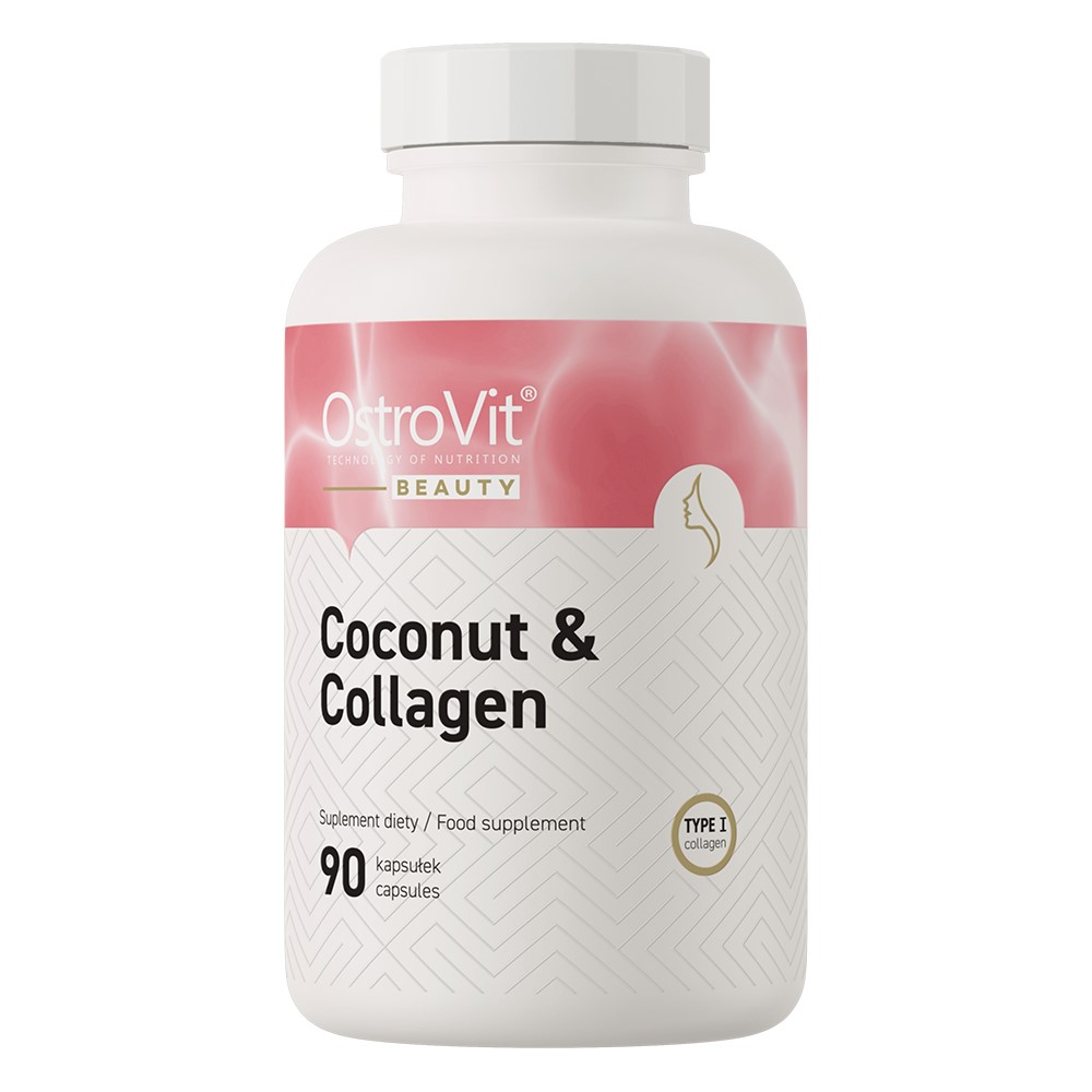 OstroVit Coconut & Collagen 90 capsules, a type I collagen food supplement with coconut oil, in a white and pink bottle for beauty and dietary support.