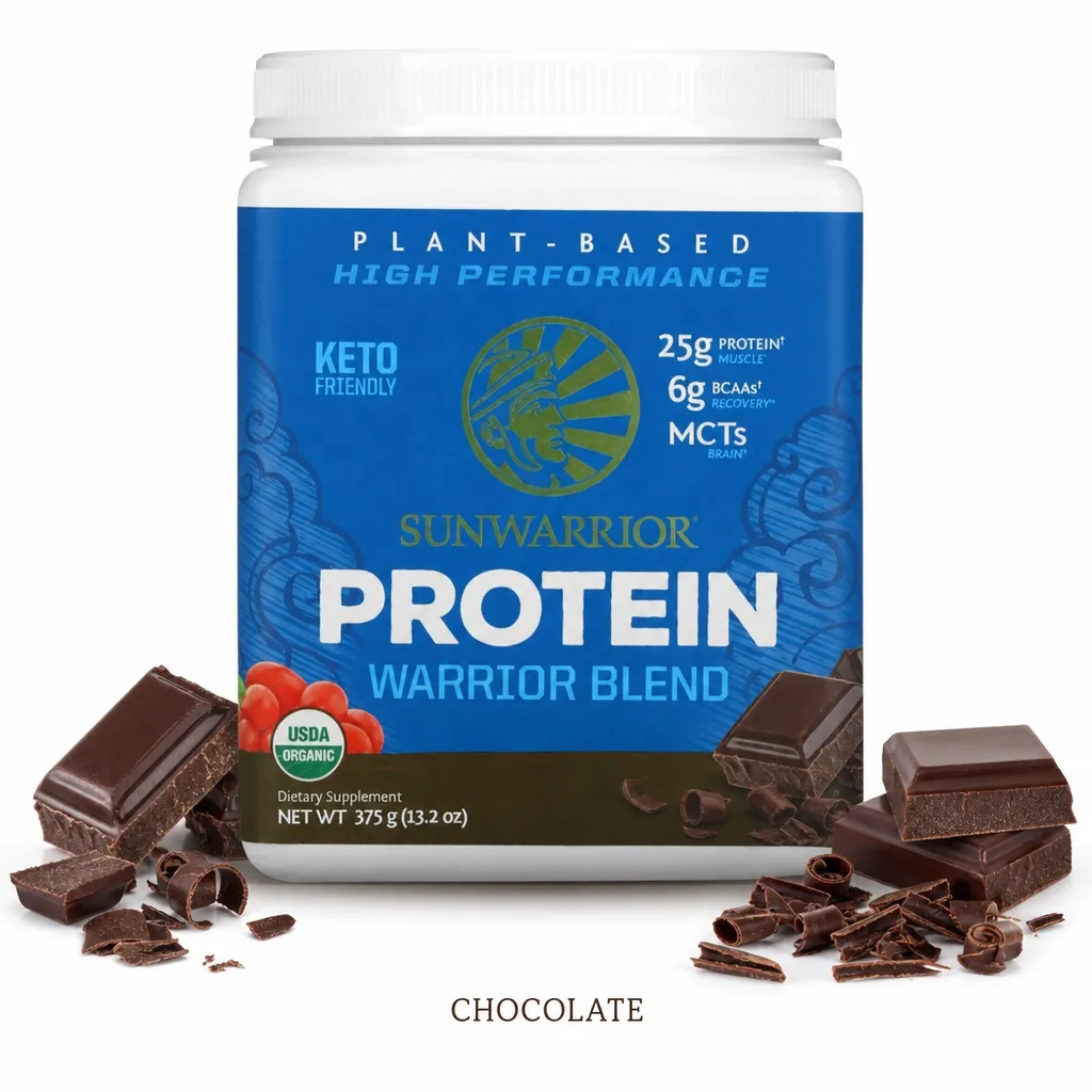 Sunwarrior Protein Warrior Blend Organic 375g chocolate flavor plant-based protein powder with USDA Organic certification, featuring a blue container and chocolate pieces.